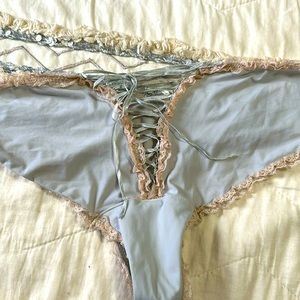 VS Sexy Little things tie up bikini panty. Pale blue w/ cream lace trim. Size L.